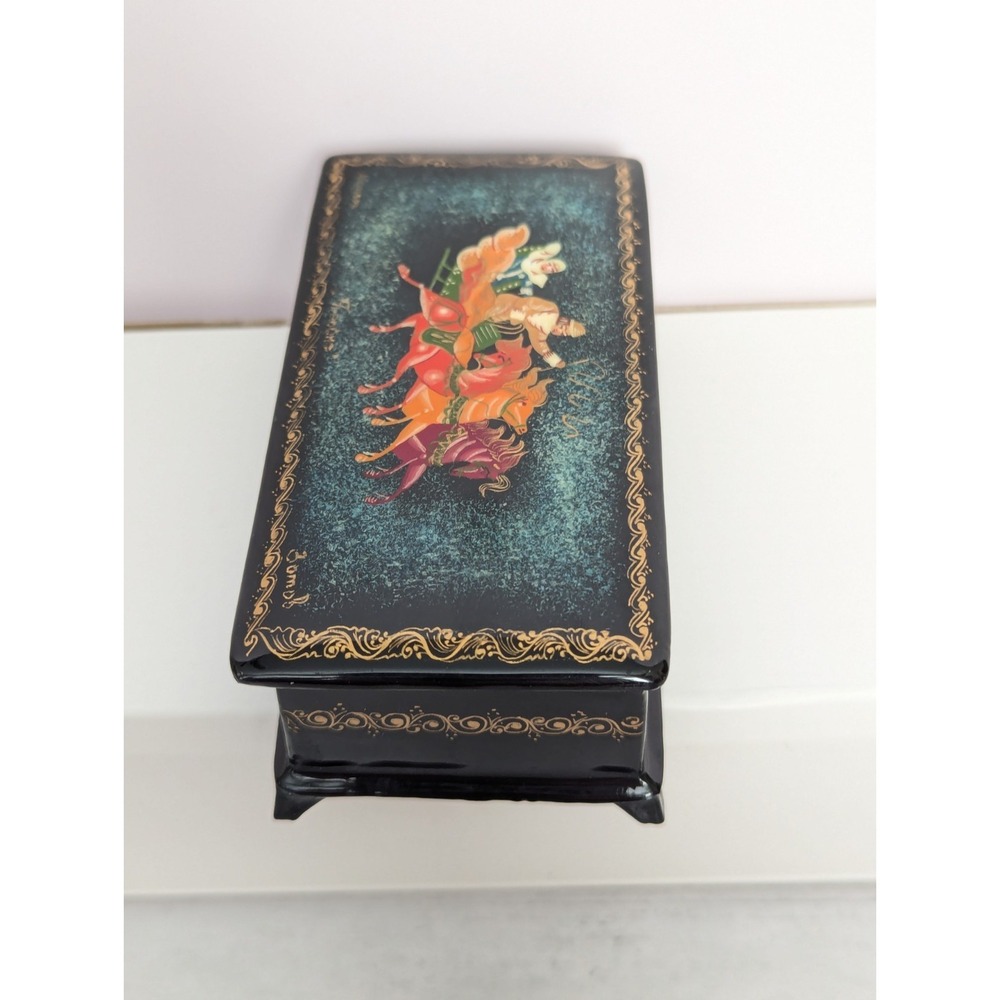 Vtg Handpainted Russian Trinket Box Lacquer Mstera Signed Horses Troika Sleigh - Picture 14 of 16